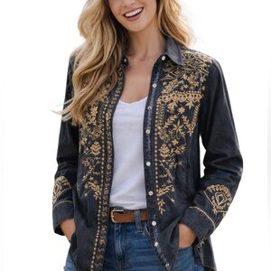 Johnny Was Ezekiel heavily embroidered jacket/top with velvet piping NWT RARE